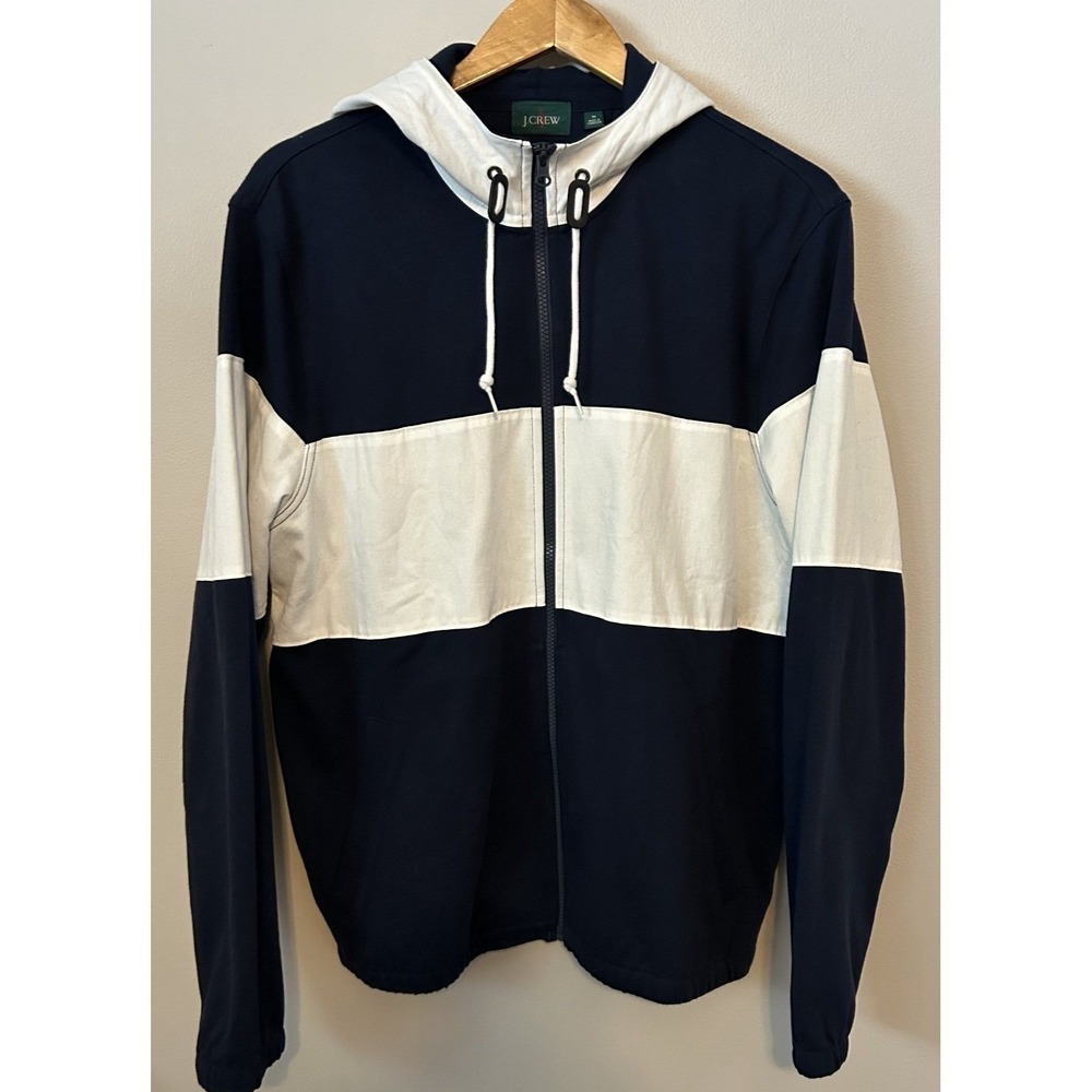 J.Crew Jacket Mens Medium Blue White Colorblock Full Zip Canvas Hooded Jacket